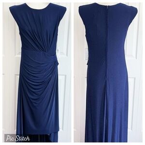 NWT Premier Amour Navy Blue Sleeveless Ruched High-Low Dress 10